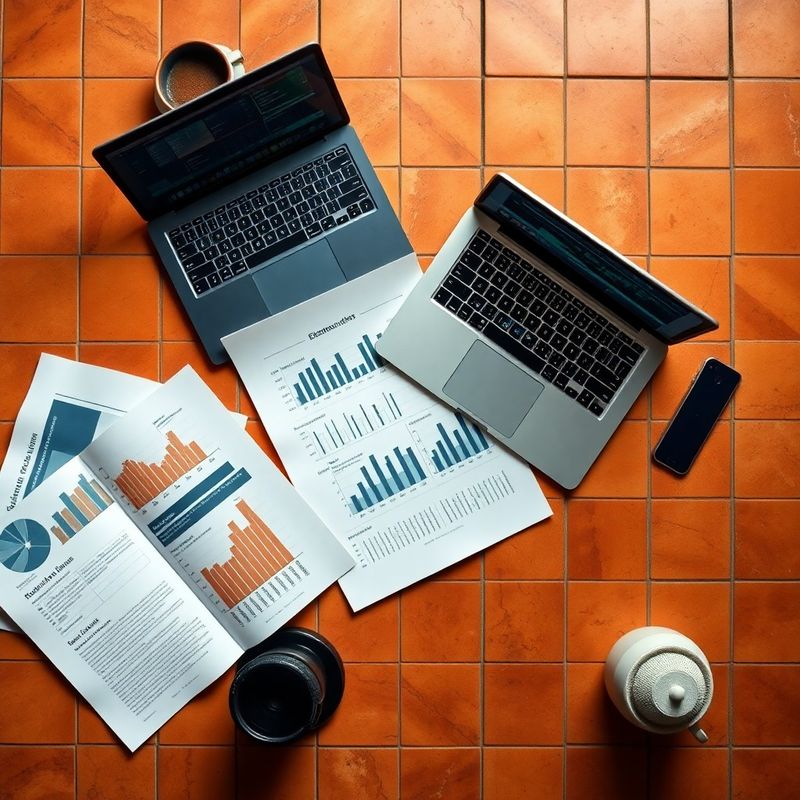 Informes económicos impresos y un portátil con gráficos, vista cenital