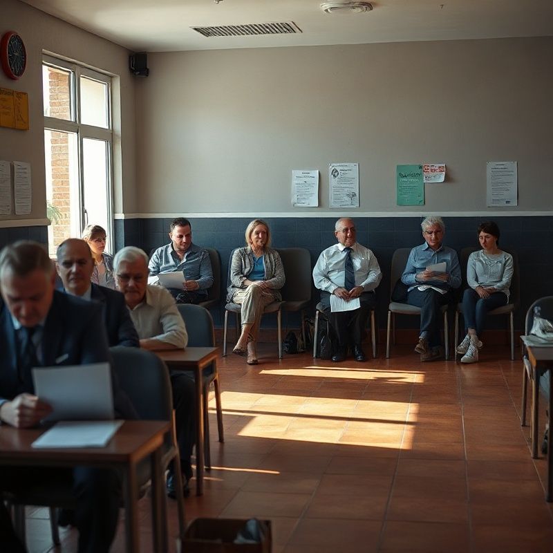 Sala de espera de una oficina de empleo en España, estilo documental
